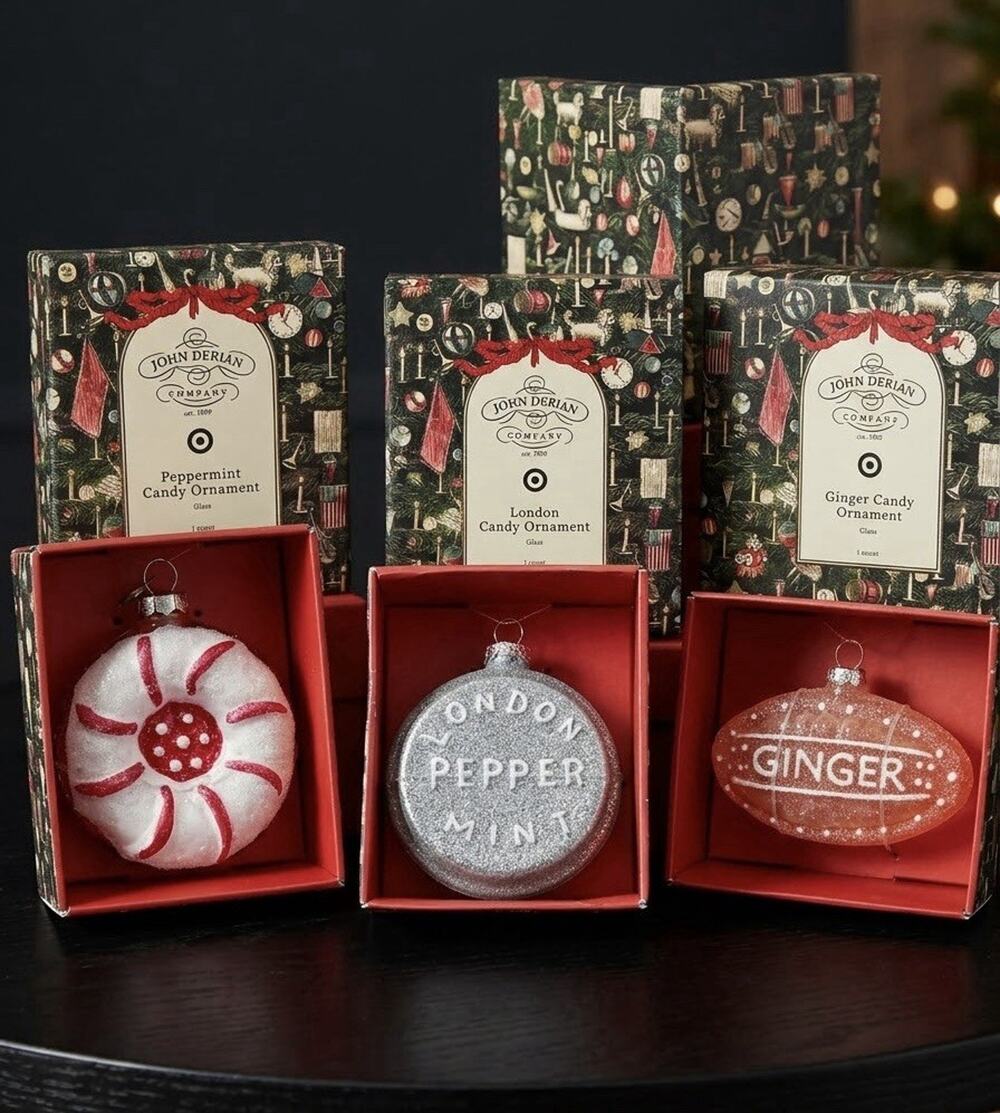 Lot of 3 John Derian Target Glass Ornaments Peppermint London Ginger NIB